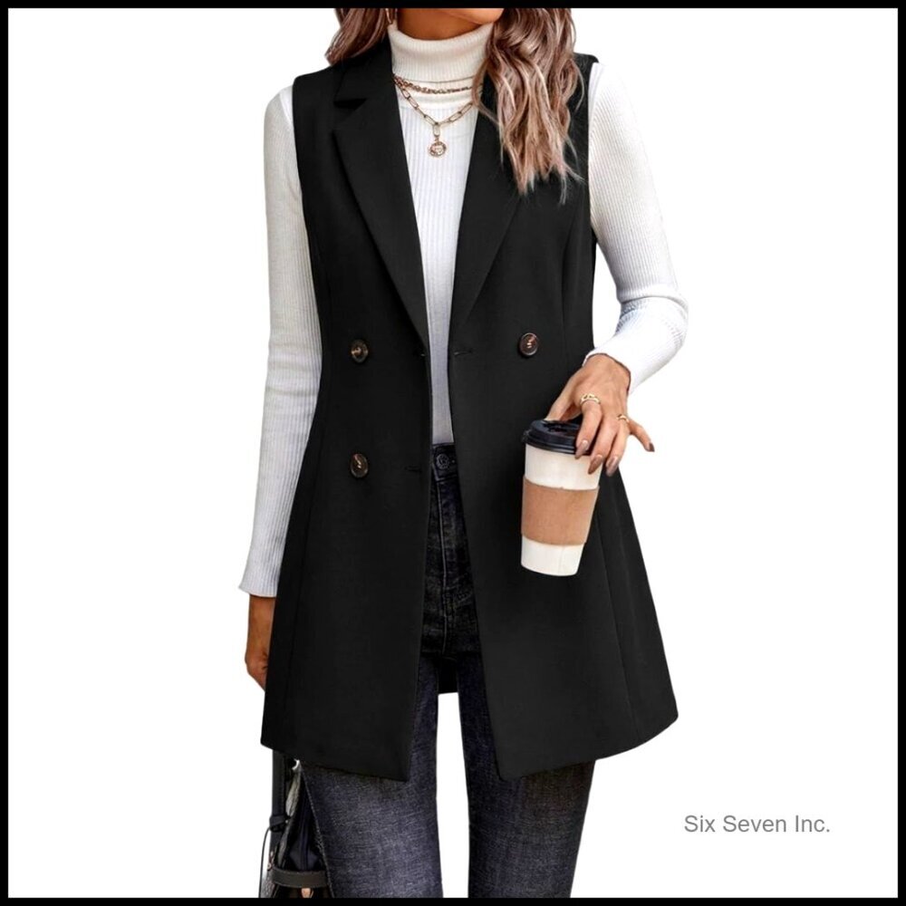 Wool Blend Long Vest Sleeveless Blazer Double Breasted Trench